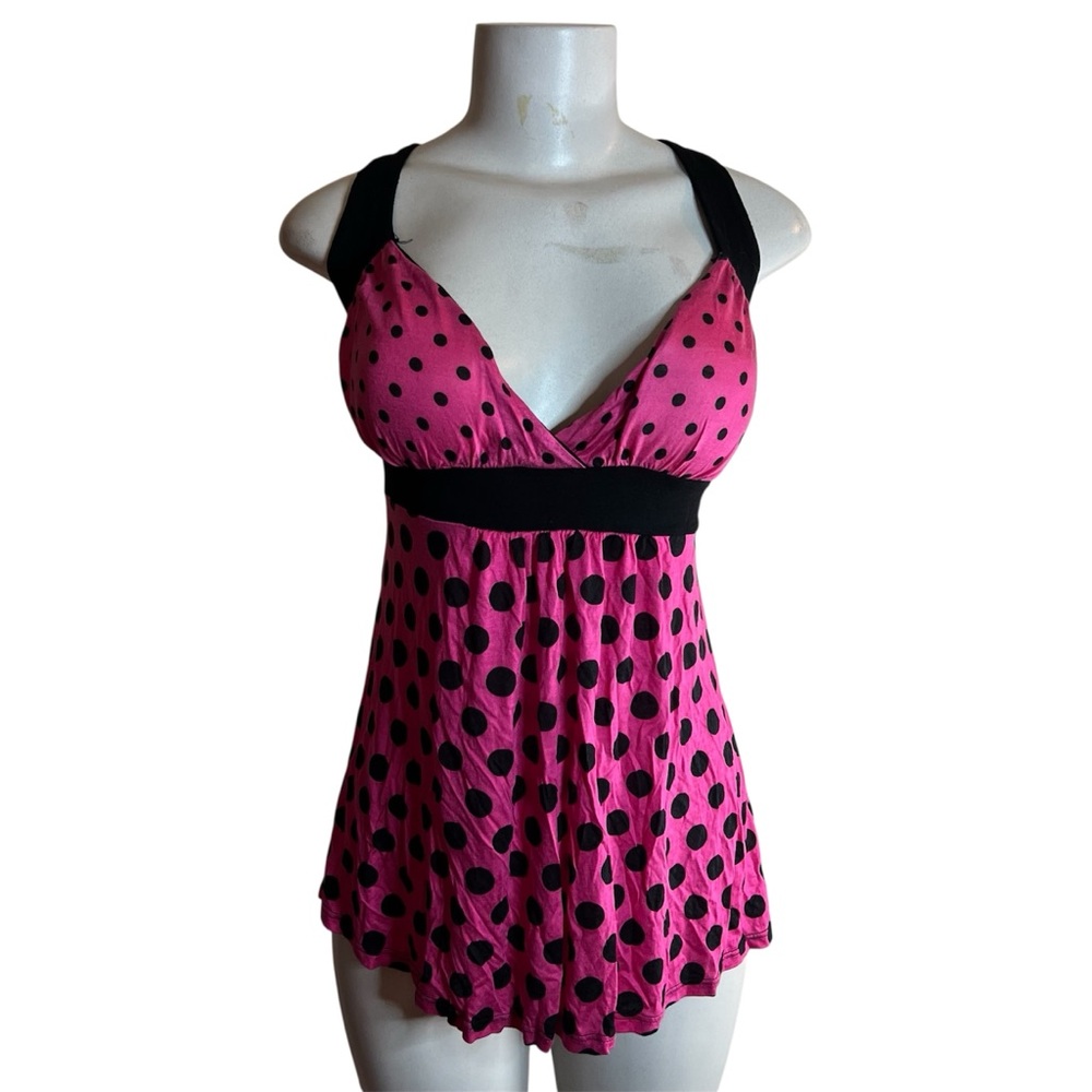 Rue21 Babydoll Top Blouse Pink Black Polka Dot Empire Waist Tank Festival Summer